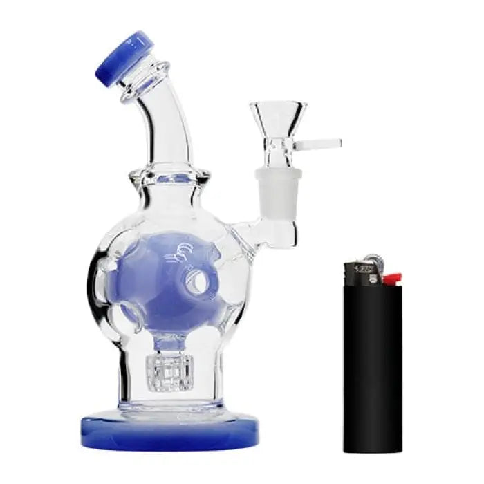 Glass water pipe with blue accents and a spherical percolator chamber.