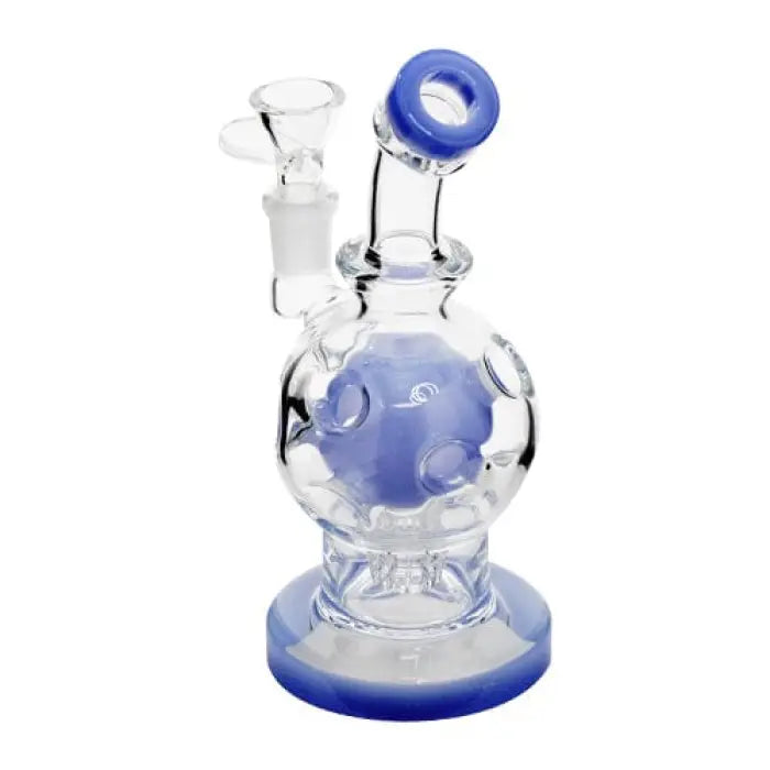 Glass water pipe with blue accents and a spherical chamber.