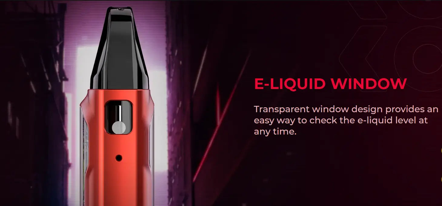 Red Uwell Caliburn Gk2 vaping device with transparent e-liquid window, featuring UN2 Meshed-H.