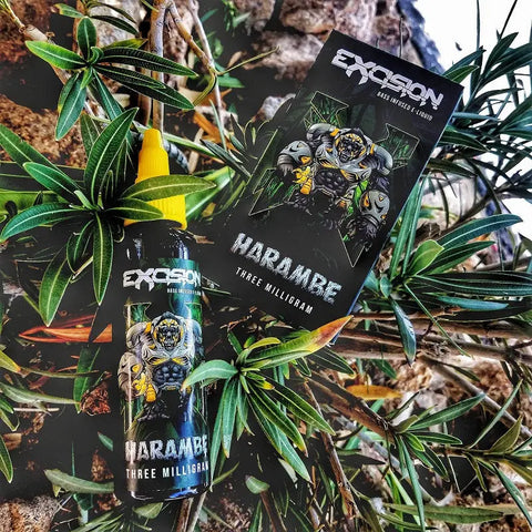 Energy drink can and packaging with Harambe branding in tropical foliage for Excision Harambe 60ml.