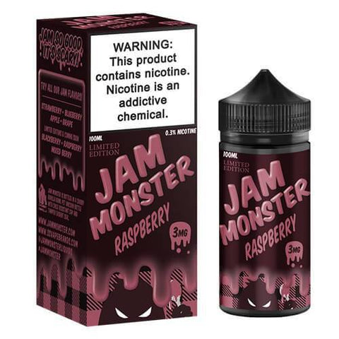 E-liquid bottle and packaging for Jam Monster Raspberry 100ml vape juice.