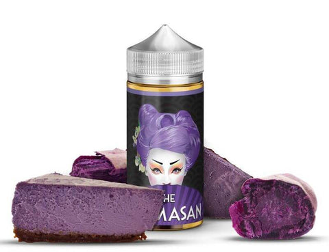 Bottle of The Mamasan Purple Cheesecake 100ml vape juice with a stylized face label.