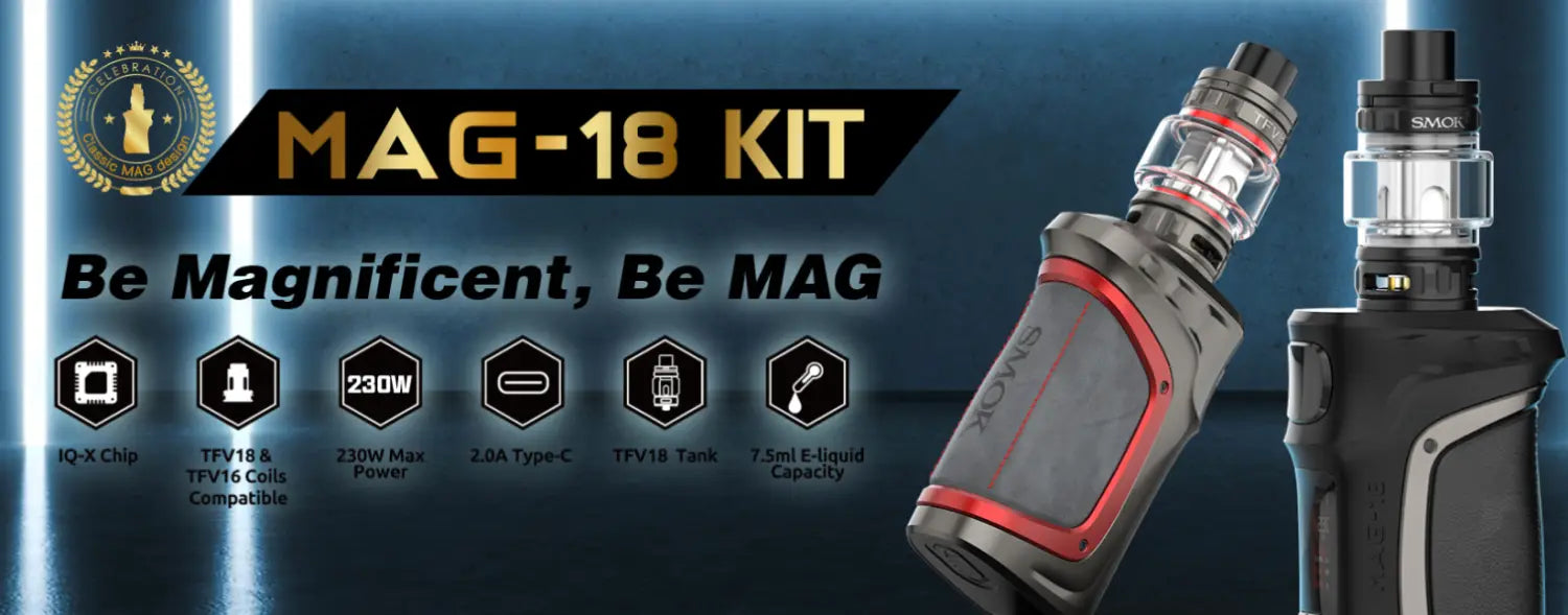 Colorful Smok Mag-18 230W Kit with TFV18 Tank showcasing modern vaping design.