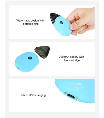 Light blue Suorin Drop 13W Pod Kit, an ultra-portable vaping device in a water-drop shape.