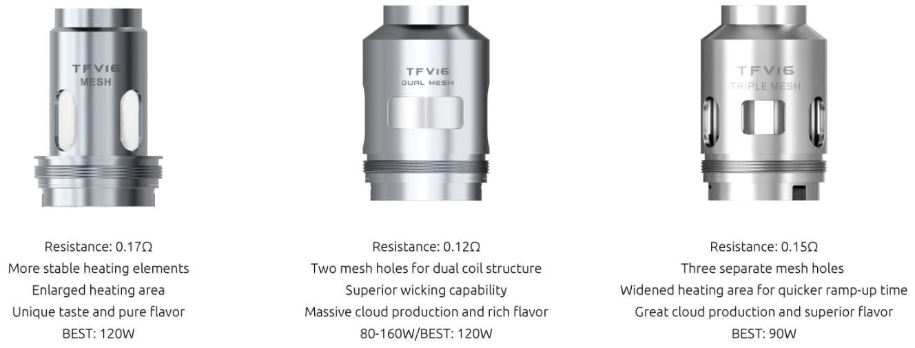 Metallic cylindrical advanced mesh coils for Smok TFV16 Mesh Tank with specifications.