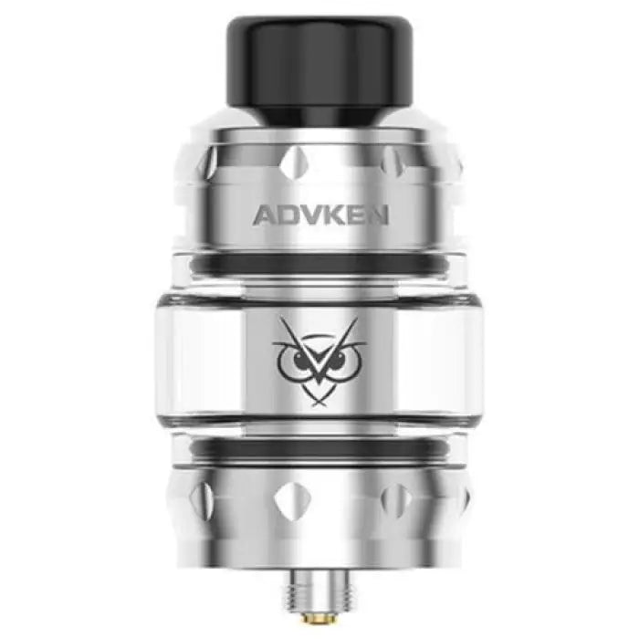 Stainless steel vaping tank or atomizer with ’ADVKEN’ branding and an owl-like logo.