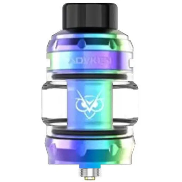 Iridescent vaping tank or atomizer with a colorful rainbow finish and a logo.