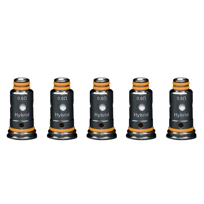 Five identical black and orange vaping coils or pods lined up in a row.