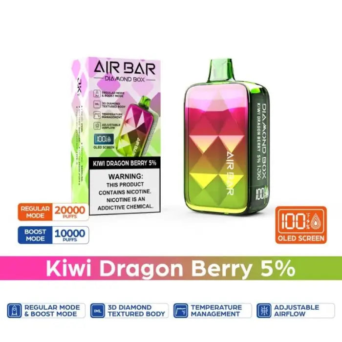 Colorful electronic vaping device with a fruit-flavored e-liquid and its packaging.