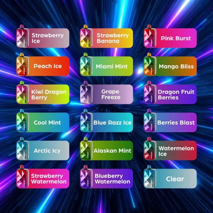 Colorful menu of vape or e-cigarette flavor options displayed on vibrant rectangular buttons.