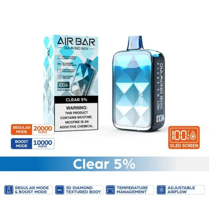 Electronic vaping device with a blue, diamond-textured body and accompanying product packaging.