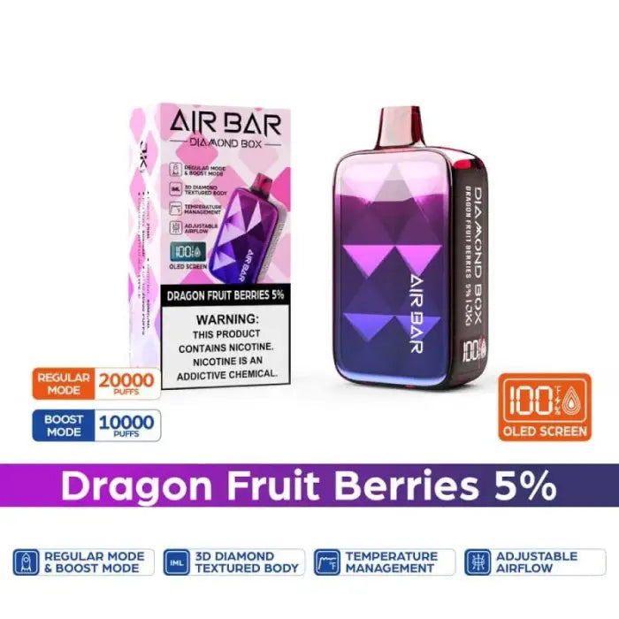 Disposable electronic vaporizer device with ’Dragon Fruit Berries’ flavor and purple gradient design.