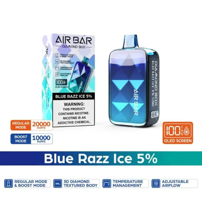 Disposable electronic cigarette device called ’Air Bar’ in blue packaging with product features listed.