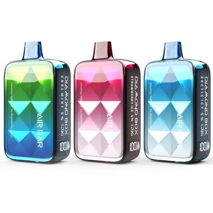 Three colorful electronic vaping devices with gradient designs on their bodies.