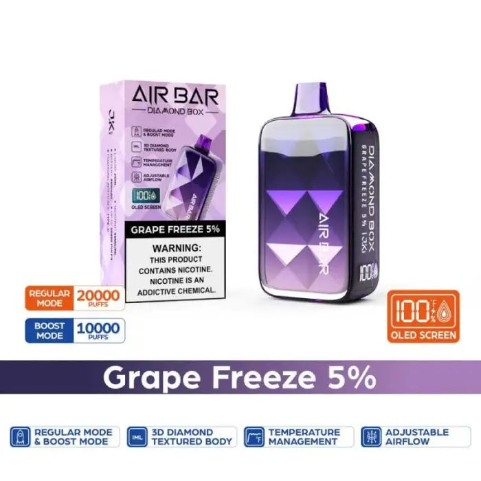 Disposable vape device with purple packaging labeled ’Air Bar’ and ’Grape Freeze 5%’.