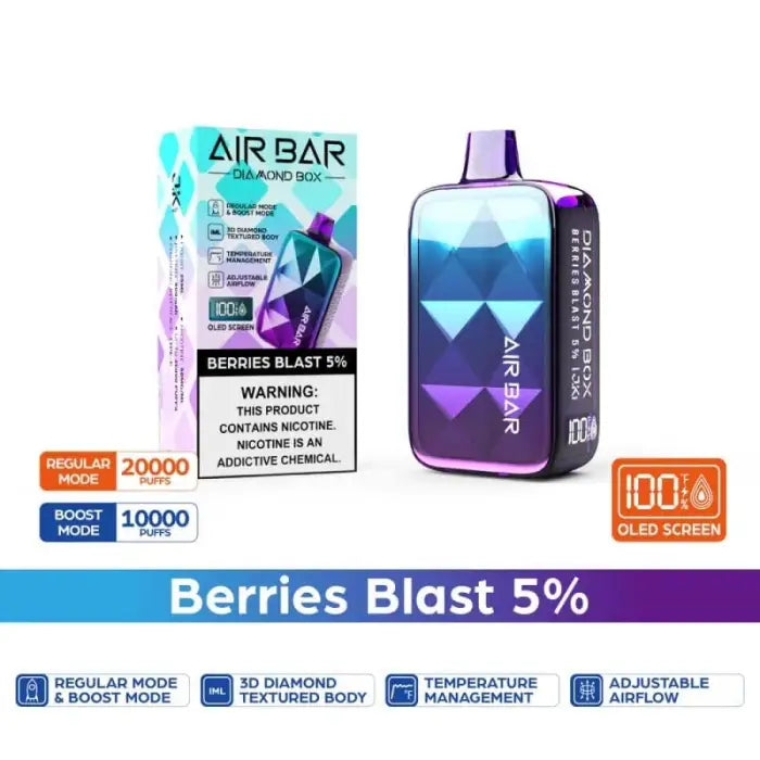 Disposable electronic cigarette device with colorful packaging featuring a berries blast flavor.