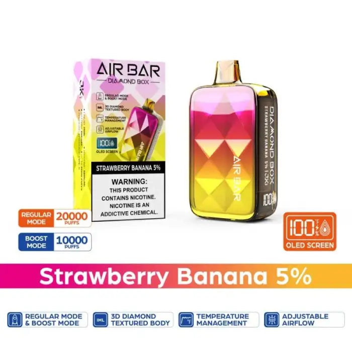 Colorful disposable vape device with strawberry banana flavor and its packaging.