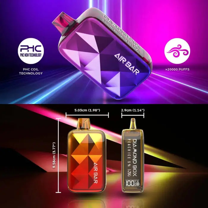 Colorful electronic vaping devices with geometric patterns and brand logos.