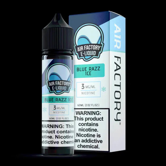 E-liquid bottle and packaging for ’Blue Razz Ice’ flavor from Air Factory, with prominent nicotine warnings.