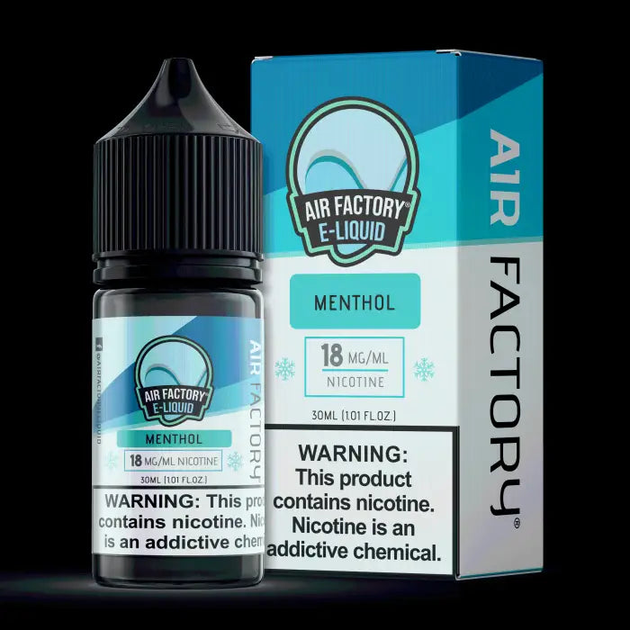 Bottle and packaging of Air Factory menthol-flavored e-liquid containing nicotine.