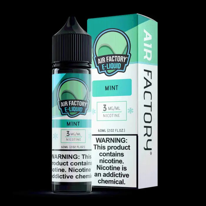 Bottle and packaging of Air Factory mint-flavored e-liquid containing nicotine.