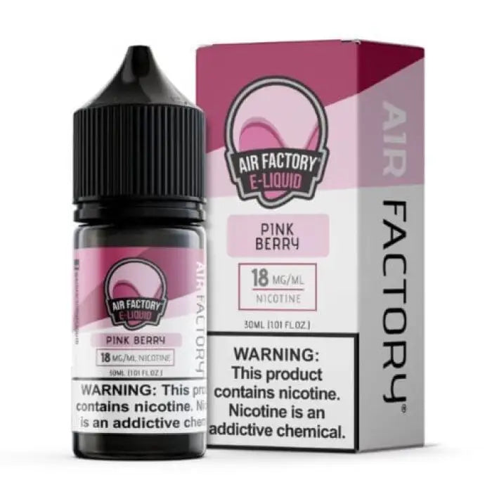 E-liquid bottle and packaging for ’Pink Berry’ flavor from Air Factory brand.