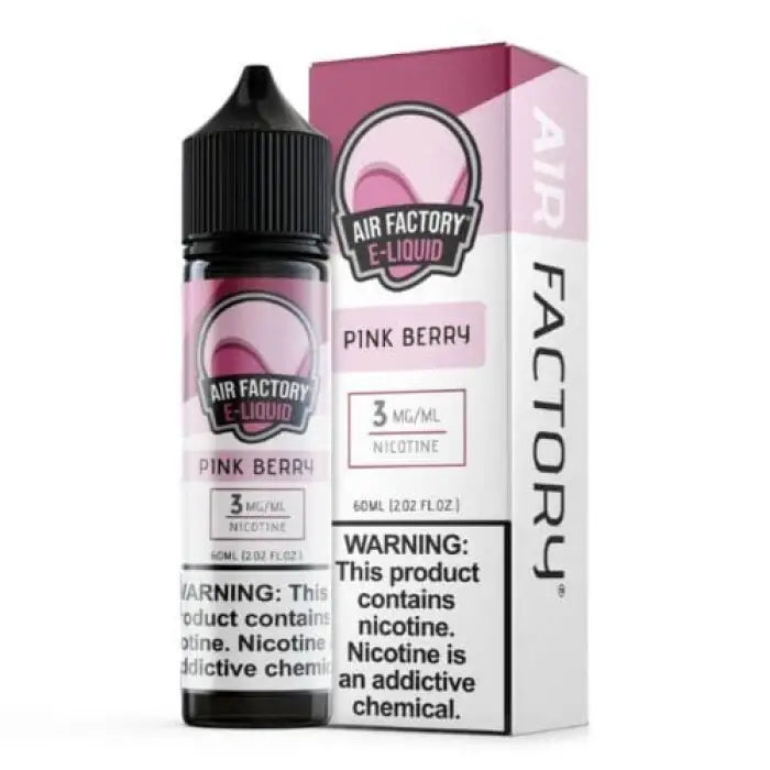 E-liquid bottle and packaging for ’Pink Berry’ flavor from Air Factory.