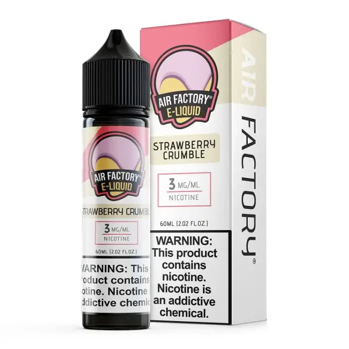 Bottle of strawberry crumble flavored e-liquid with its packaging box.