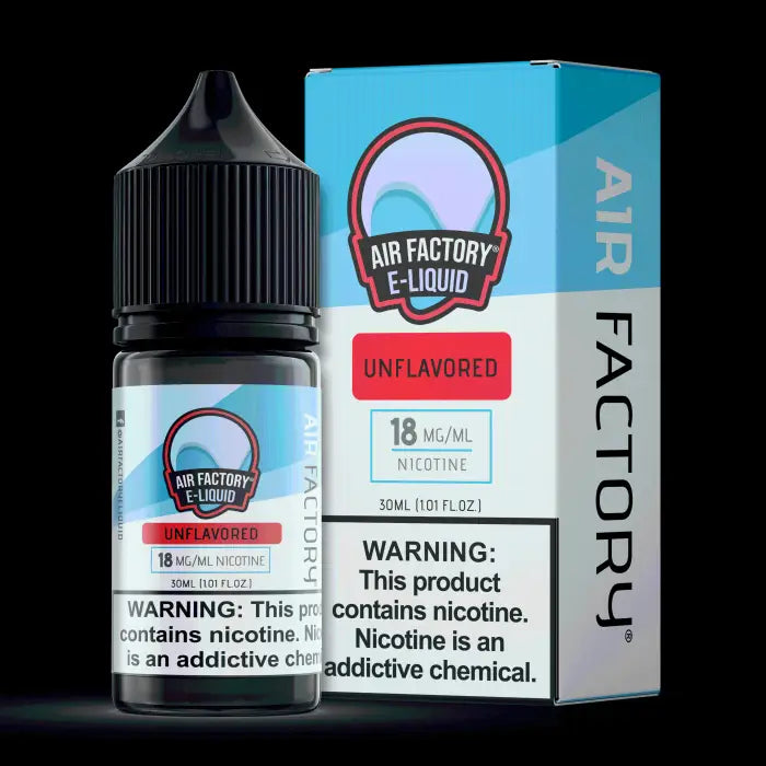 E-liquid bottle and packaging for Air Factory’s unflavored nicotine vape juice.