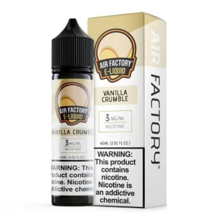 Bottle of vanilla crumble flavored e-liquid with its packaging box.