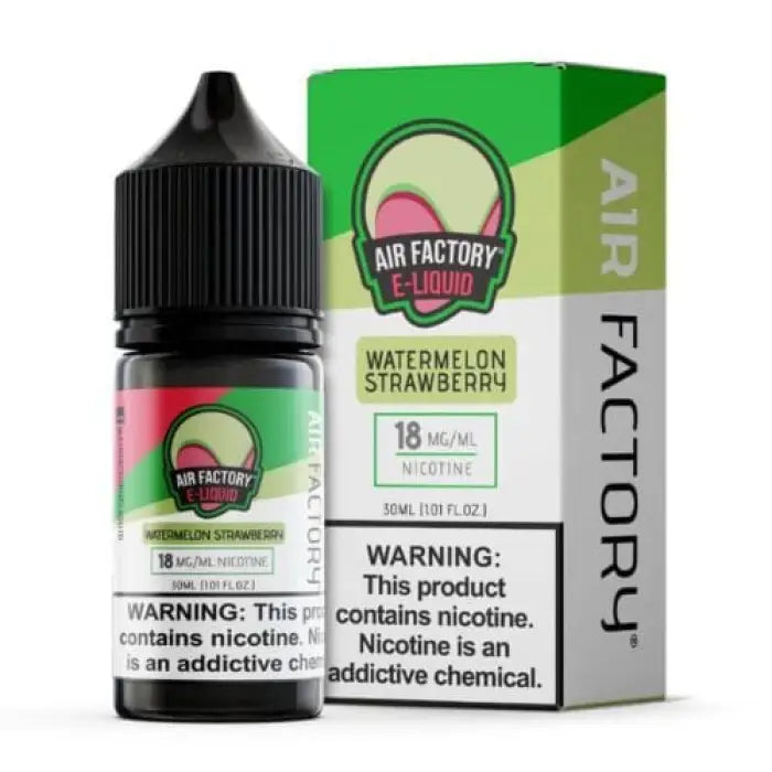 E-liquid bottle and packaging for Air Factory’s watermelon strawberry flavor.