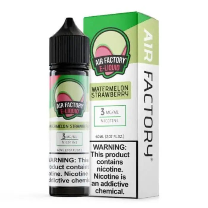 E-liquid bottle and packaging for Air Factory’s Watermelon Strawberry flavor.