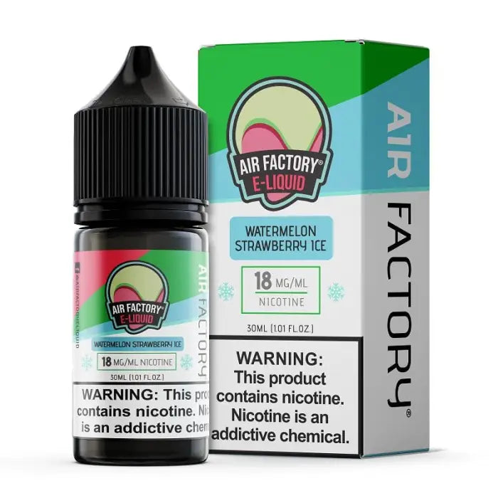 E-liquid bottle and packaging for Air Factory’s Watermelon Strawberry Ice flavor.