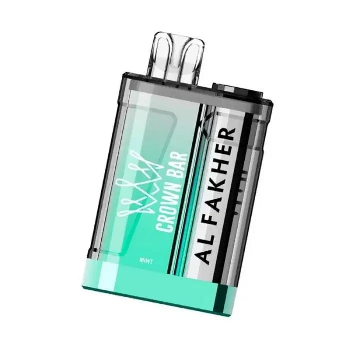 Disposable vape device with ’Al Fakher’ branding and mint green liquid visible.