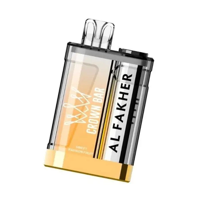 Disposable vape device labeled ’Alfakher’ with a transparent body showing yellow liquid inside.