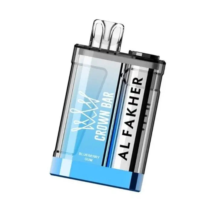 Transparent electronic cigarette device labeled ’Alfakher’ with blue liquid visible inside.