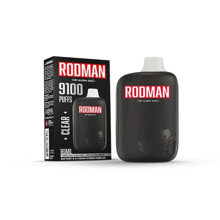 Disposable vape device called ’Rodman’ with 9100 puffs and its packaging.