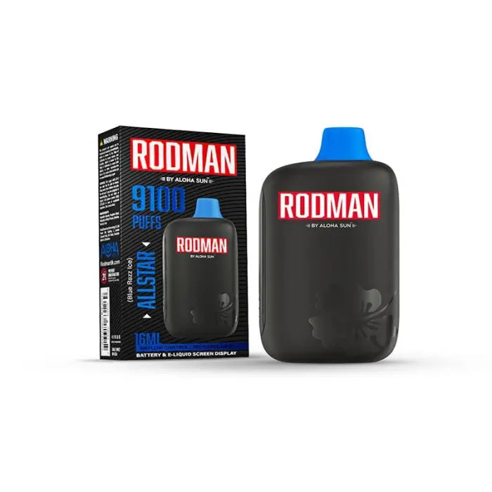 Black bottle with ’RODMAN’ branding and a blue cap.