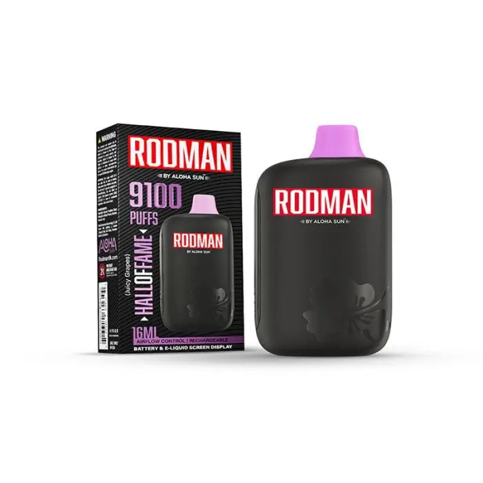 Black bottle with ’RODMAN’ branding and a pink cap.