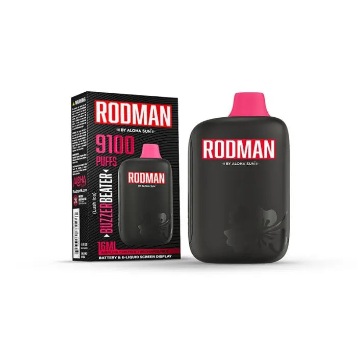 Black bottle with pink cap labeled ’RODMAN’ alongside its product packaging.