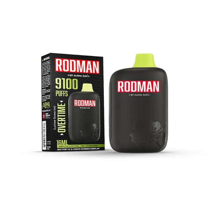 Disposable vape device called ’Rodman’ with 9100 puffs and 18mL e-liquid capacity.