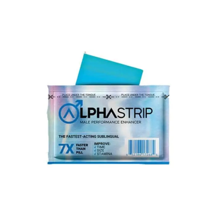 Package of AlphaStrip male performance enhancer strips.