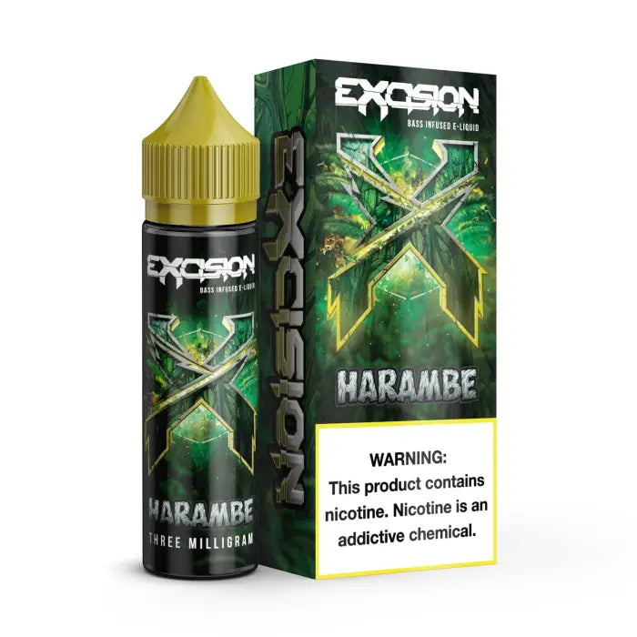 E-liquid bottle and packaging for a vape product called ’Harambe’ by Excision.