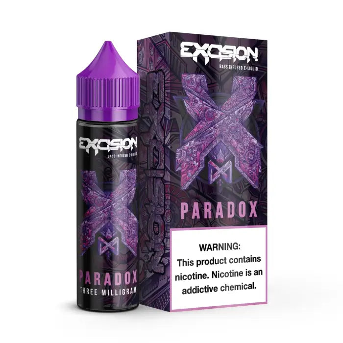 E-liquid bottle and packaging for ’Excision Paradox’ vape juice in purple and black colors.