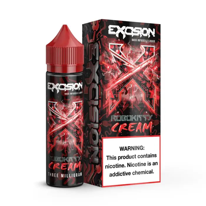 E-liquid bottle and packaging for ’Excision Robokitty Cream’ vape juice.