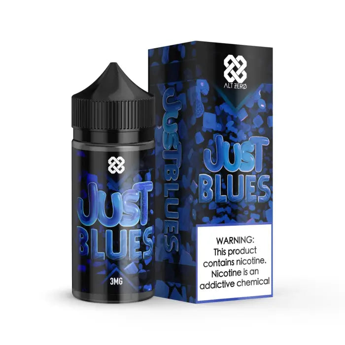 E-liquid bottle and packaging for a vape product called ’Just Blues’.