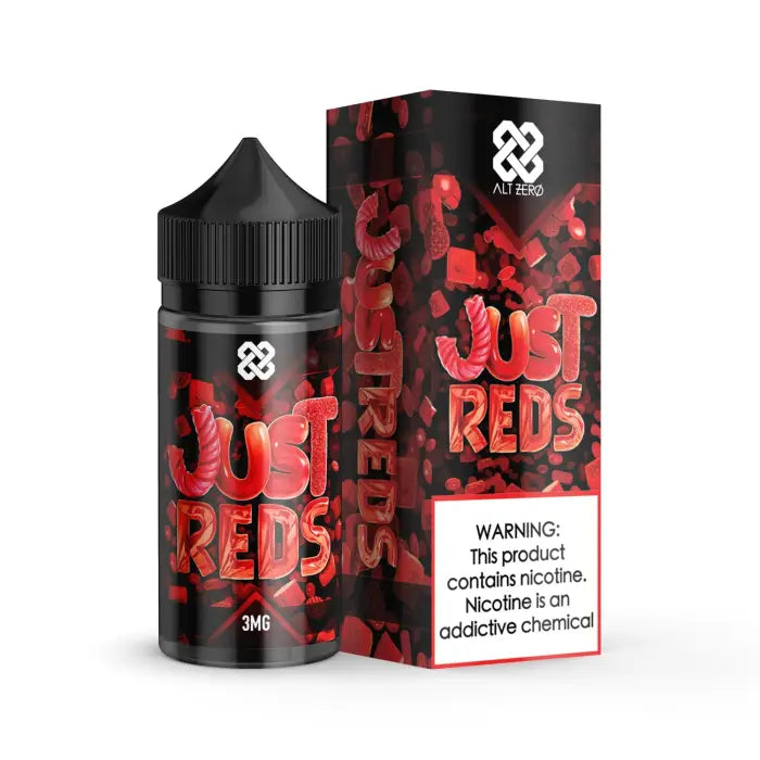 E-liquid bottle and packaging for ’Just Reds’ vape juice with red and black color scheme.