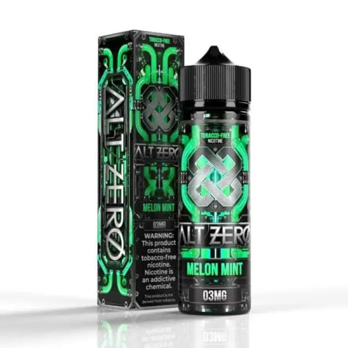 E-liquid bottle with packaging featuring green and black design elements and ’Alt Zero’ branding.