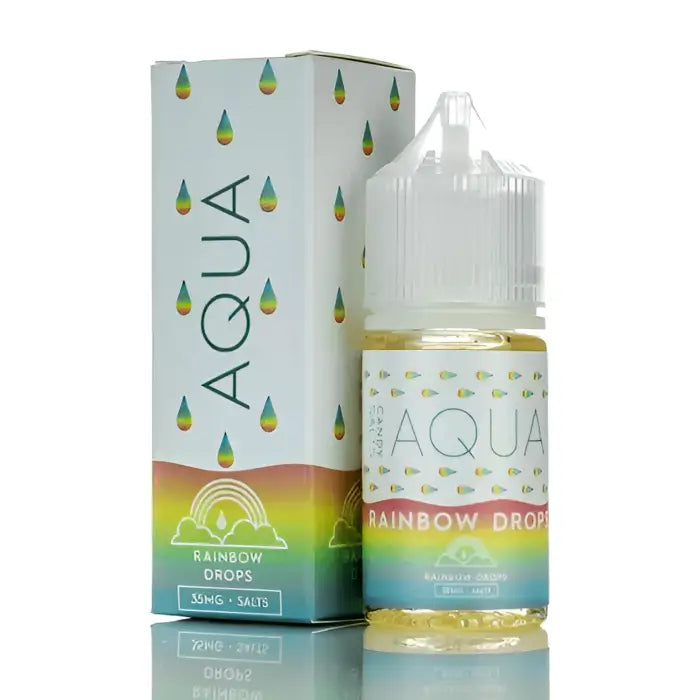 Bottle of e-liquid or vape juice labeled ’AQUA Rainbow Drops’ with its packaging box.