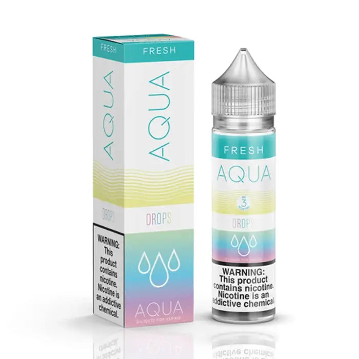 E-liquid bottle and packaging for a vaping product called ’Aqua Fresh’.